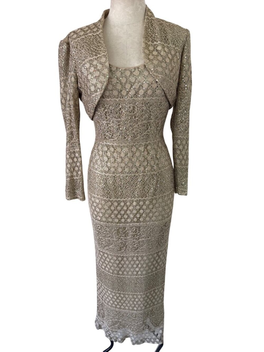 Bari Jay Womens Sequins Gold Shimmer Knit Long Dress And Bolero Size 7/8 Vintage